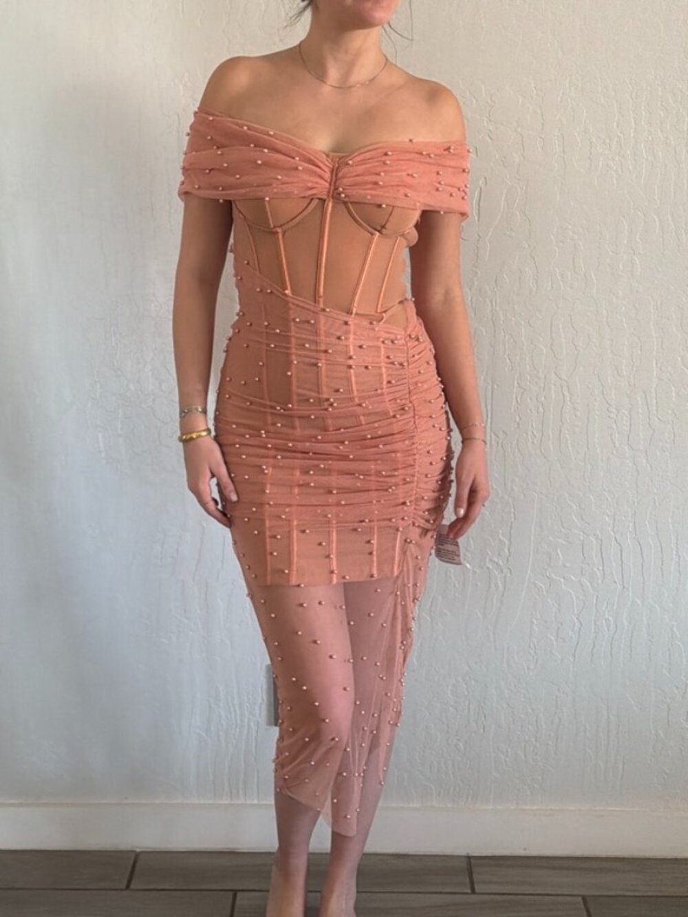 ASOS body flattering pink/peach mesh with pearl embellishment Dress